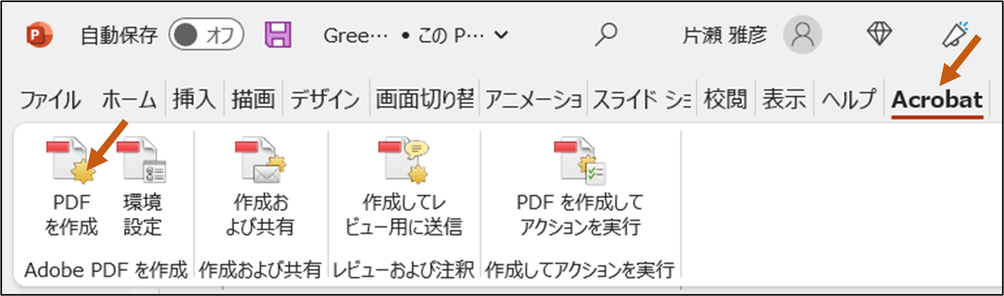 表示７　Adobe Acrobat PDFMaker を組み込んだときのリボンとタブ（PowerPoint）